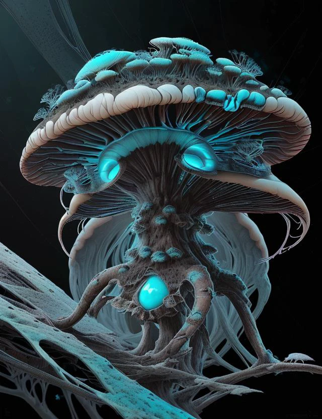 webbedtech female Dark Spore Print Colossal Fan-shaped Furrowed mushroom, Slimy, Beneficial Interaction, Fen, Lignicolous, Turquoise Depressed Gills, Cap Margin Scalloped Pileus, Toxic residue, , fuzzy organic webs, scifi, detailed <lora:WebbedTech:0.8>