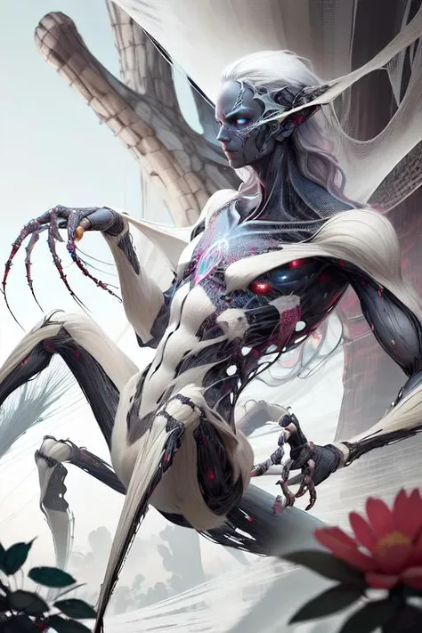 (1boy:1.1), drow, absurdres, highres, ultra detailed, (masterpiece:1.2), (best quality:1.2), beautiful, high quality, detailed, <lora:tool_addDetail:0.6>, long white hair, yellow eyes, outdoor, garden, flowers, (intricate details:0.9), complex background, hyperdetailed, many eyes, webbedtech, fuzzy organic webs, spiders, <lora:WebbedTech:1.2>