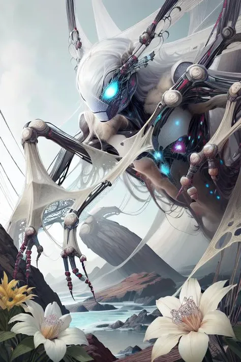 (1boy:1.1), drow, absurdres, highres, ultra detailed, (masterpiece:1.2), (best quality:1.2), beautiful, high quality, detailed, <lora:tool_addDetail:0.6>, long white hair, yellow eyes, outdoor, garden, flowers, (intricate details:0.9), complex background, hyperdetailed, many eyes, webbedtech, fuzzy organic webs, spiders, <lora:WebbedTech:1.2>