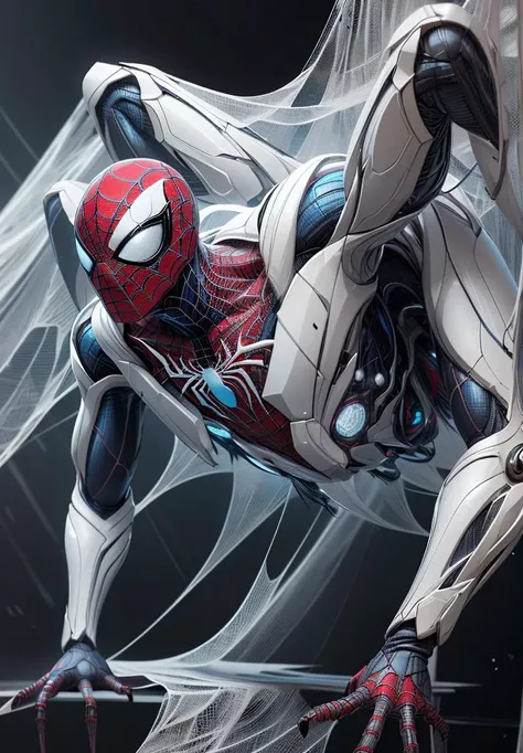 <lora:WebbedTech-20:0.8>, webbedtech , scifi, fuzzy organic webs, spiderman, white suit, 1boy, white metalic armor, half spider, half man