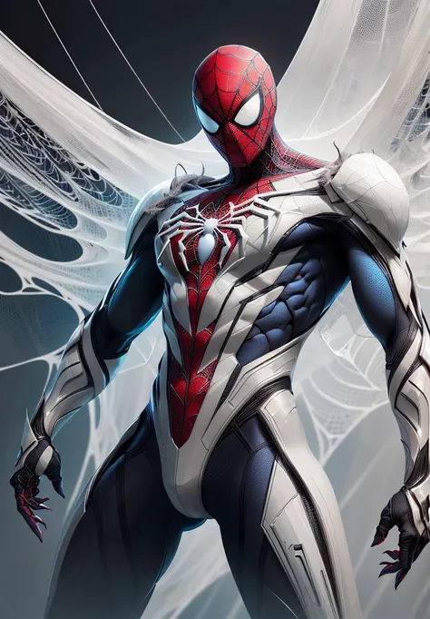 (extremely detailed 8k wallpaper), a medium shot photo of white cyberpunk Spiderman suit made of cyan ice from marvel, Halloween theme, Halloween decorations, intricate, high detail, dramatic