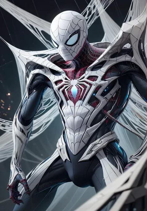 <lora:WebbedTech-20:0.8>, webbedtech , scifi, fuzzy organic webs, spiderman, white suit, 1boy