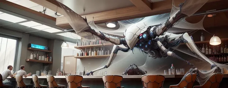 <lora:WebbedTech-20:0.8>, webbedtech , scifi, fuzzy organic webs,small spiders,
bar Lounge,no humans,