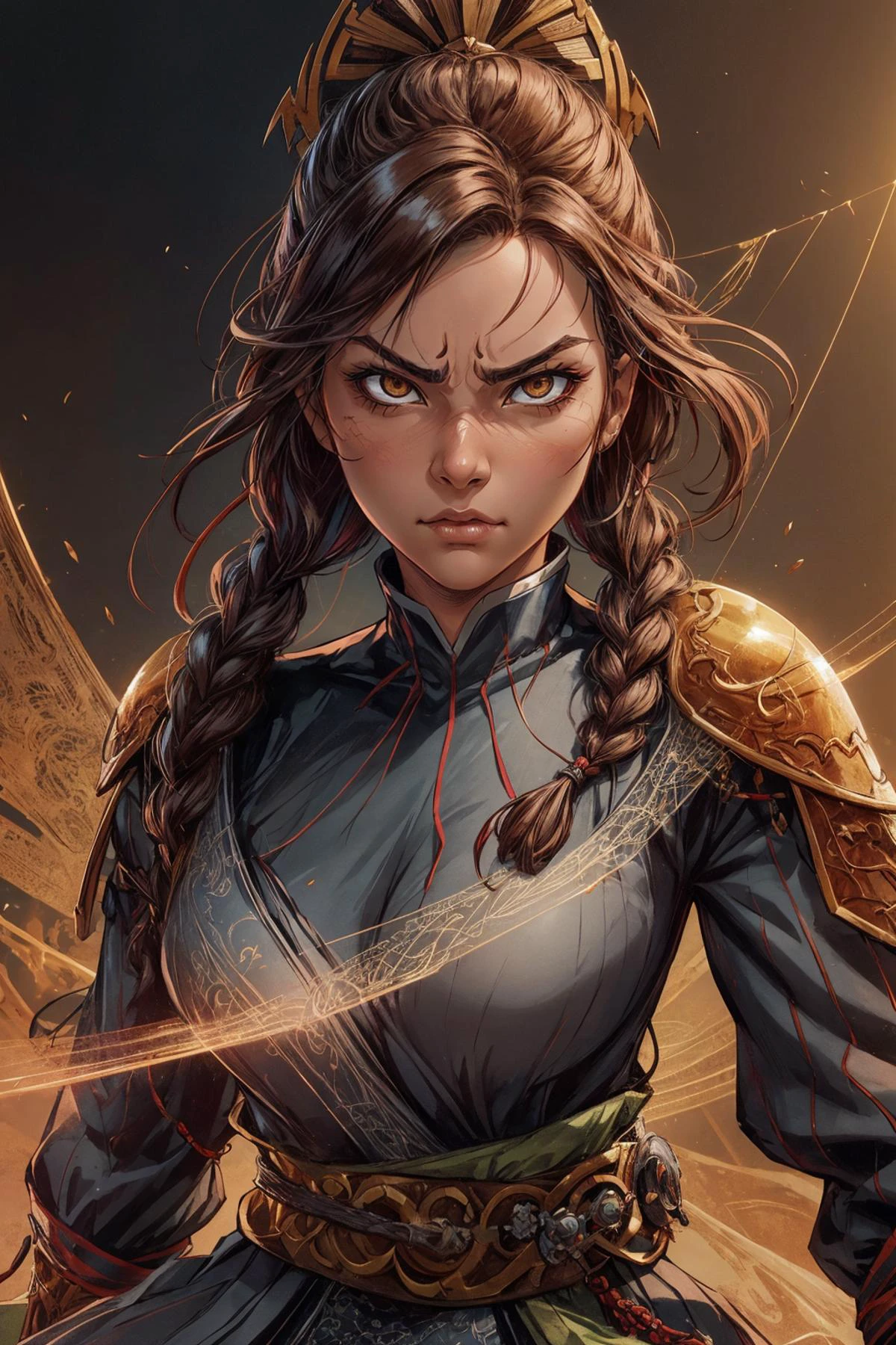 <lora:add_detail:0.5>, <lora:FZB_line_weights:0.4>, <lora:realistic:0.1>, <lora:sharpen-soften:-0.1>,
1 girl, adult woman, ruby eyes, light brown fishtail braid,
solo, half shot, looking at viewer, detailed background, detailed face, (<lora:WebbedTech:0.6>, fuzzy organic webs, webbedtech theme:1.1), samurai, yellow samurai clothing, aggressive expression, samurai crest, battlefield in background, cinematic atmosphere,