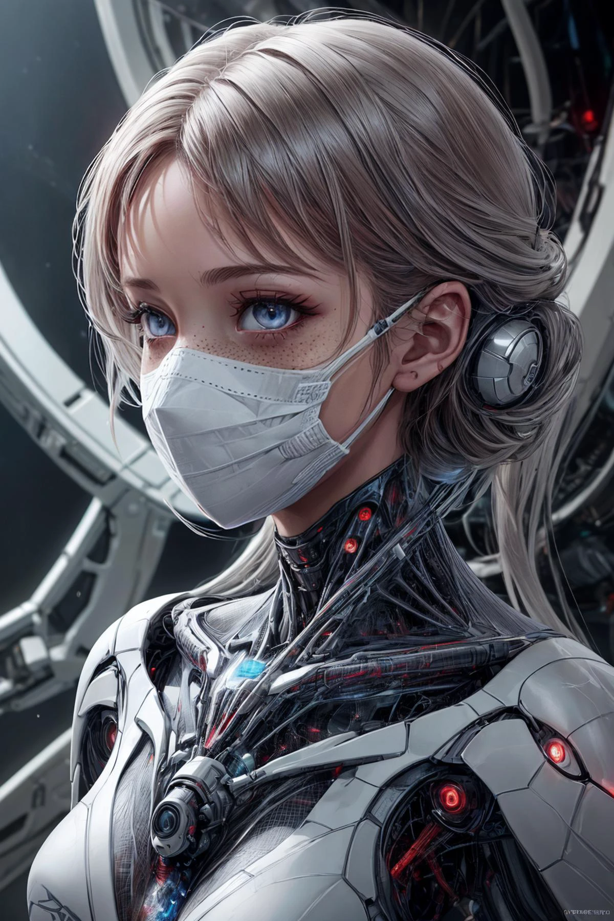 (best quality, masterpiece), <lora:tangbohu-detailer_1.0:0.8>
1 girl, adult (elven:0.7) woman, freckles, silver eyes, dark red medium hair,
portrait, looking down, solo, half shot, detailed background, detailed face, (<lora:WebbedTech:0.6>, scifi, webbedtech theme:1.1), researcher, safety-goggles, shirt, science, futuristic, fantasy science lab in background, biology, surgical mask, petri dish, dna,