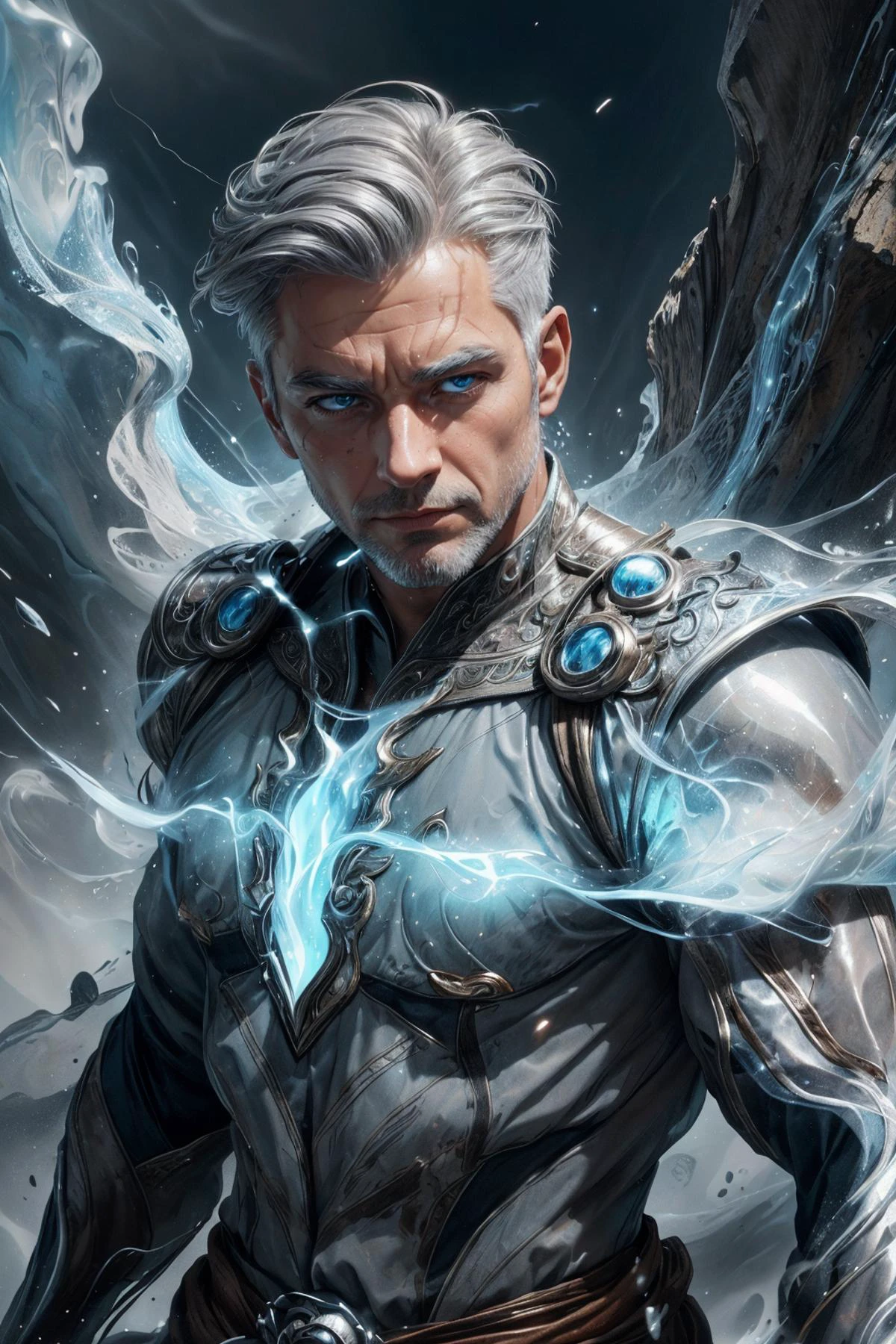 beautiful and detailed illustration, pop art, masterpiece, best quality, ultra-detailed, soft lighting, cinematic shot, vibrant colors, gorgeous colors, <lora:add_detail:0.3>, <lora:stylesqueeze_v2:0.5>,
(1man, muscular adult male:1.2), grey-blue eyes, silver hair, quiff,
solo, upper body, looking down, detailed background, detailed face, (<lora:WebbedTech:0.6>, webbedtech theme:1.1), dirt-wizard, geomancer, glowing eyes, stoic expression, dynamic pose, stone armor, casting spell, surrounded by swirling dust particles emanating elemental stone energy, rockslide in background, dim light, wind, updraft, vibrant color palette, cinematic atmosphere,