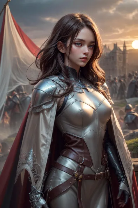 (masterpiece, best quality:1.4), (beautiful, aesthetic, perfect, delicate, intricate:1.2), <lora:more_details:0.75>, <lora:sharpen-soften:-0.25>, <lora:realistic:0.25>,
1 girl, adult (elven:0.7) woman, dark brown eyes, brown lob hair, ombre,
<lora:GoodHands-beta2:0.8>,
portrait, solo, (full body:0.6), looking away, detailed background, detailed face, (<lora:WebbedTech:0.4>, fuzzy organic webs, webbedtech theme:1.1), protector, standing firm, stoic, shield, leather gauntlets, heraldry, yellow cape, medieval siege camp in background, sunrise, medieval atmosphere,