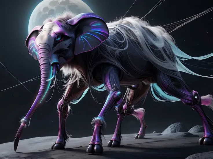 (Style: realism, (epic:1.2), realistic, photo, trending on artstation, (pixar:1.2), 3d, cartoon, ((high quality:1.2, masterpiece:1.2)) , (8k resolution) , high details, incredibly absurdres, color connection, colorized, colorful, neon colors, (bioluminescence:1.1), (iridescent:1.2), (no humans:1.3)),
(elephant, animal, cute big eyes, trench coat), moon,
<lora:WebbedTech:0.6> webbedtech, fuzzy organic webs, scifi