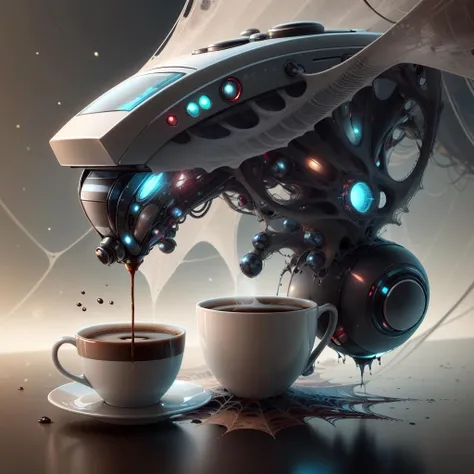 <lora:WebbedTech-20:0.8>, webbedtech , scifi, fuzzy organic webs, small spiders,
coffee machine , pouring into mug,