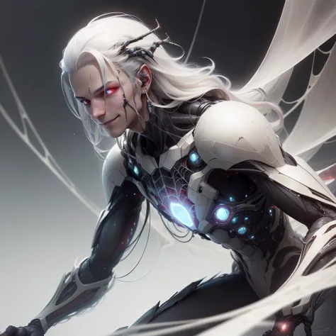 <lora:WebbedTech-20:0.8>, webbedtech , scifi, fuzzy organic webs, small spiders,
scholar , scroll, 1boy,long hair, white hair, glowing eyes, smile ,closed mouth,