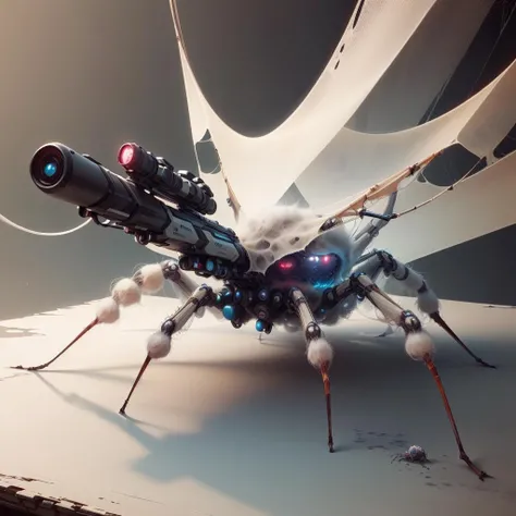 <lora:WebbedTech-20:0.8>, webbedtech , scifi, fuzzy organic webs, small spiders,
(rifle on table) , (simple background:1.3), , product commercial,
