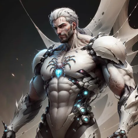 <lora:WebbedTech-20:0.8>, webbedtech , scifi, fuzzy organic webs, small spiders,
man, <lora:Gigachadv1:0.65> gigachad, white hair , upper body,