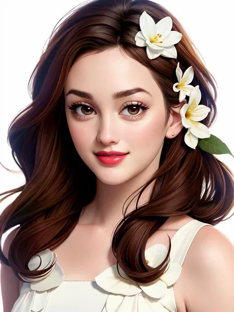 Realistic photo of a beautiful l31ght0nm woman, 1girl, solo, long hair, looking at viewer, smile, simple background, brown hair, hair ornament, white background, dress, brown eyes, upper body, flower, hair flower, lips, makeup, traditional media, lipstick, purple dress, realistic, soft lighting, professional Photography, Photorealistic, detailed, RAW, analog, sharp focus, 8k, HD, high quality, masterpiece<lora:l31ght0nm:1.0>