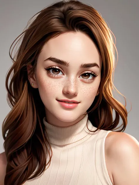 Realistic photo of a beautiful l31ght0nm woman, 1girl, solo, long hair, looking at viewer, smile, brown hair, simple background, bare shoulders, closed mouth, brown eyes, upper body, sleeveless, grey background, mole, sweater, lips, turtleneck, freckles, portrait. closeup, realistic, soft lighting, professional Photography, Photorealistic, detailed, RAW, analog, sharp focus, 8k, HD, high quality, masterpiece<lora:l31ght0nm:1.0>