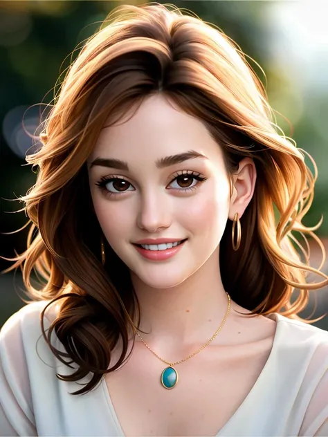 Realistic photo of a beautiful l31ght0nm woman, 1girl, solo, smile, blonde hair, brown hair, brown eyes, jewelry, teeth, necklace, grin, blurry, lips, blurry background, portrait, head rest, realistic, soft lighting, professional Photography, Photorealistic, detailed, RAW, analog, sharp focus, 8k, HD, high quality, masterpiece<lora:l31ght0nm:1.0>