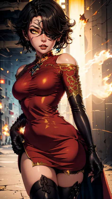 <lora:CinderFall-10:1>, CinderFall,yellow eyes,short hair,black hair,hair over one eye,scar,earrings,black gloves,elbow gloves,red dress,china dress,jewelry || CinderFall,yellow eyes,long hair,hair on the side,black hair,hair over one eye,earrings,red dress,red sleeves,bare shoulders || CinderFall,yellow eyes,short hair,black hair,hair over one eye,eyepatch,earrings,thighhighs,gloves,jewelry,shorts,black gloves,belt,thigh boots,bandages,black dress,black cape,