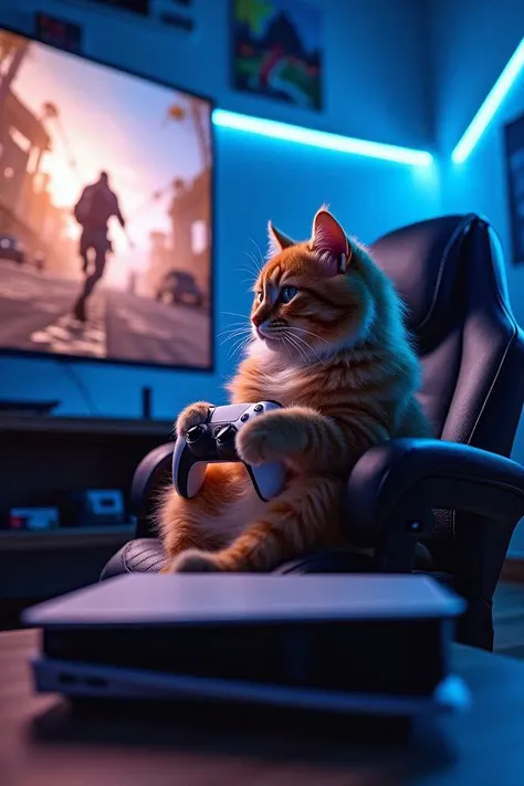 A fluffy cat sitting on a plush gaming chair, facing a large, modern TV screen, fully immersed in a video game. The cat holds the PS5 controller with one paw resting on the analog stick and the other paw pressing the buttons, as if expertly navigating the game. Its intense, focused expression shows its deep concentration. The sleek white PS5 console sits beneath the TV, which displays vivid, action-packed game visuals. The room is designed as a gamer’s paradise, with LED strip lights casting a soft, neon-blue glow across the walls, gaming posters adorning the background, and a few scattered game cases on the floor. The overall scene captures a sense of fun, with the cat looking like a serious gamer enjoying its playtime.