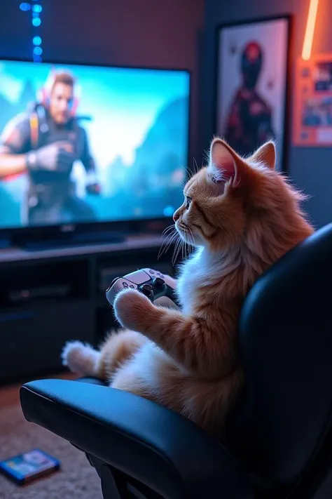 A fluffy cat sitting on a plush gaming chair, facing a large, modern TV screen, fully immersed in a video game. The cat holds the PS5 controller with one paw resting on the analog stick and the other paw pressing the buttons, as if expertly navigating the game. Its intense, focused expression shows its deep concentration. The sleek white PS5 console sits beneath the TV, which displays vivid, action-packed game visuals. The room is designed as a gamer’s paradise, with LED strip lights casting a soft, neon-blue glow across the walls, gaming posters adorning the background, and a few scattered game cases on the floor. The overall scene captures a sense of fun, with the cat looking like a serious gamer enjoying its playtime.