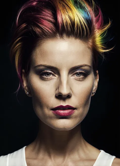 portrait of sks woman by Flora Borsi, style by Flora Borsi, bold, bright colours, rainbow Mohawk haircut, ((Flora Borsi)), <lora:locon_andreaparker_v1_from_v1_64_32:1>