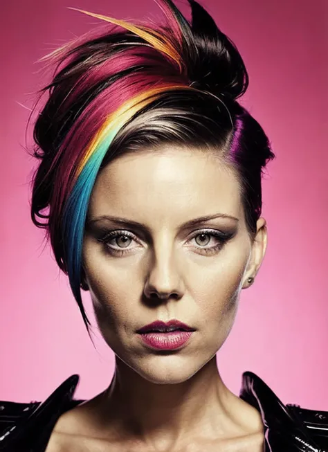 portrait of sks woman by Flora Borsi, style by Flora Borsi, bold, bright colours, rainbow Mohawk haircut, ((Flora Borsi)), <lora:locon_jessica_v1_from_v1_64_32:1.25>