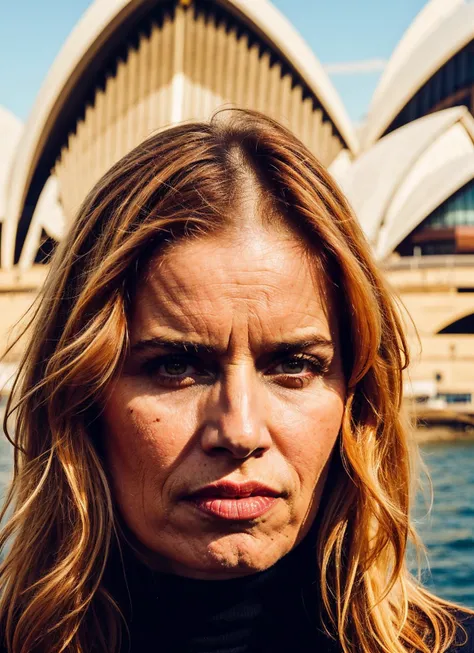 portrait of sks woman in Sydney, at the Sydney Opera House, by Flora Borsi, style by Flora Borsi, bold, bright colours, ((Flora Borsi)), by Annie Leibovitz, <lora:locon_kimdickens_v1_from_v1_64_32:1>