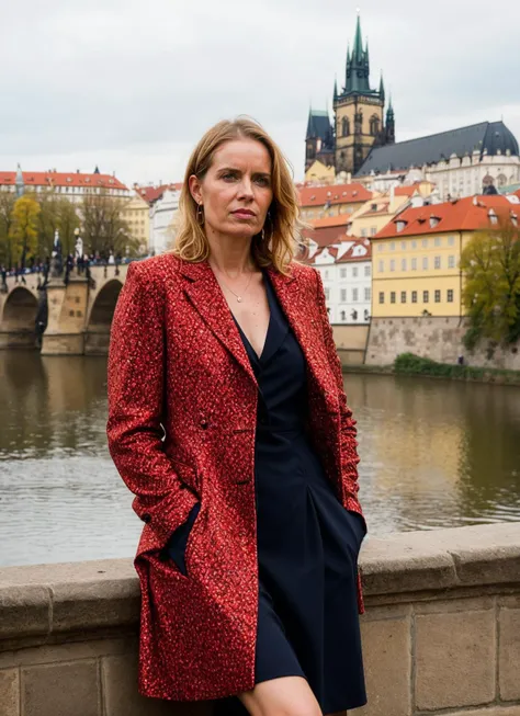 portrait of sks woman in Prague, at the Charles Bridge, by Flora Borsi, style by Flora Borsi, bold, bright colours, ((Flora Borsi)), by David LaChapelle, <lora:locon_kimdickens_v1_from_v1_64_32:1>