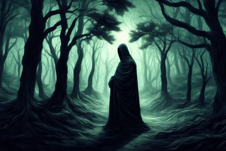 <lora:van_gogh_style_lora-10:1>, man, cloaked figure, in the woods