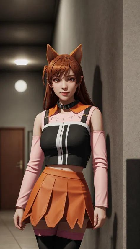 inside, high school, hallway, BREAK, <lora:MairimashitaIrumaKun_AzazelAmeri:0.8>, professional photograph of AzazelAmeri, smile, closed mouth, happy, blush, red hair, very long hair, hair horns, orange eyes:1.5, pointy ears, animal ears, ((AmeriStudentCouncilDress:1.5, black collar, orange skirt:1.5, detached sleeves, pink thighhighs:1.5)), BREAK, from the front, facing viewer, BREAK, cinematic composition, Unreal Engine 5, Hyper realism, Hyper detailed, Raytraced, Dynamic Lights and Shadows, Depth, Masterpiece, Award Winning, Intricate Detail, Design, 8k, UHD, Wide Angle Shot, BREAK, Hyper realistic, Volumetric Lighting, surreal lighting, Subsurface Scattering, Photorealistic, best quality, intricate details, tonemapping, sharp focus, hyper detailed, absurdres, highres, wide angle full body shot, BREAK, (((professional photograph))), vivid Colors, <lora:detailed_hands-000002:0.7>,