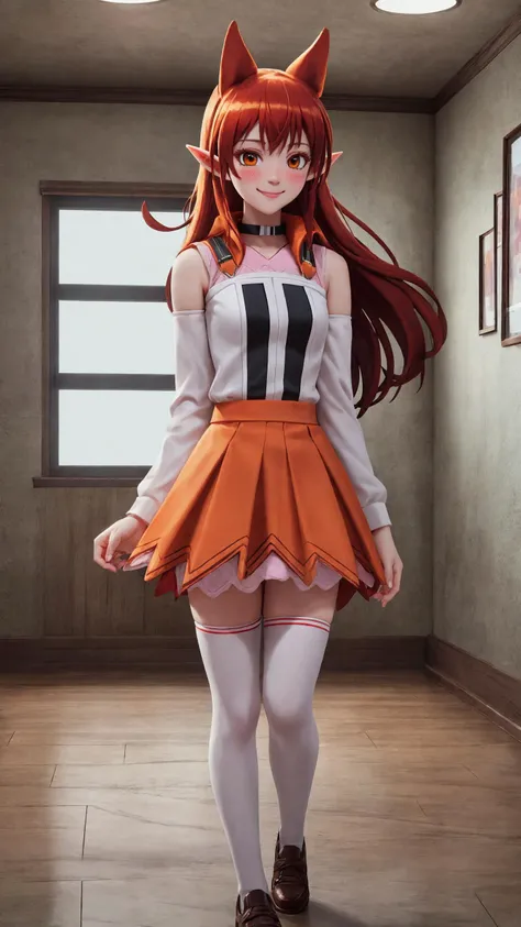 inside, high school, hallway, BREAK, <lora:MairimashitaIrumaKun_AzazelAmeri:0.8>, professional photograph of AzazelAmeri, smile, closed mouth, happy, blush, red hair, very long hair, hair horns, orange eyes, pointy ears, animal ears, AmeriStudentCouncilDress, black collar, orange skirt, detached sleeves, pink thighhighs, BREAK, from the front, facing viewer, BREAK, cinematic composition, Unreal Engine 5, Hyper realism, Hyper detailed, Raytraced, Dynamic Lights and Shadows, Depth, Masterpiece, Award Winning, Intricate Detail, Design, 8k, UHD, Wide Angle Shot, BREAK, Hyper realistic, Volumetric Lighting, surreal lighting, Subsurface Scattering, Photorealistic, best quality, intricate details, tonemapping, sharp focus, hyper detailed, absurdres, highres, wide angle full body shot, BREAK, (((professional photograph))), vivid Colors, <lora:detailed_hands-000002:0.7>,