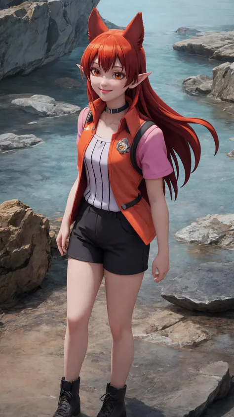 gothic background, BREAK, <lora:MairimashitaIrumaKun_AzazelAmeri:0.8>, professional photograph of AzazelAmeri, light smile, closed mouth, happy, red hair, very long hair, hair horns, orange eyes, pointy ears, animal ears, AmeriCasual, black collar, collarbone, short sleeves, shorts, red vest, open clothes, pink shirt, BREAK, from the front, facing viewer, BREAK, cinematic composition, Unreal Engine 5, Hyper realism, Hyper detailed, Raytraced, Dynamic Lights and Shadows, Depth, Masterpiece, Award Winning, Intricate Detail, Design, 8k, UHD, Wide Angle Shot, BREAK, Hyper realistic, Volumetric Lighting, surreal lighting, Subsurface Scattering, Photorealistic, best quality, intricate details, tonemapping, sharp focus, hyper detailed, absurdres, highres, wide angle full body shot, BREAK, (((professional photograph))), vivid Colors, <lora:detailed_hands-000002:0.7>,