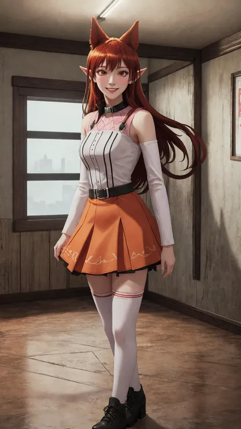 inside, high school, hallway, BREAK, <lora:MairimashitaIrumaKun_AzazelAmeri:0.8>, professional photograph of AzazelAmeri, smile, closed mouth, happy, blush, red hair, very long hair, hair horns, orange eyes, pointy ears, animal ears, AmeriStudentCouncilDress, black collar, orange skirt, detached sleeves, pink thighhighs, BREAK, from the front, facing viewer, BREAK, cinematic composition, Unreal Engine 5, Hyper realism, Hyper detailed, Raytraced, Dynamic Lights and Shadows, Depth, Masterpiece, Award Winning, Intricate Detail, Design, 8k, UHD, Wide Angle Shot, BREAK, Hyper realistic, Volumetric Lighting, surreal lighting, Subsurface Scattering, Photorealistic, best quality, intricate details, tonemapping, sharp focus, hyper detailed, absurdres, highres, wide angle full body shot, BREAK, (((professional photograph))), vivid Colors, <lora:detailed_hands-000002:0.7>,