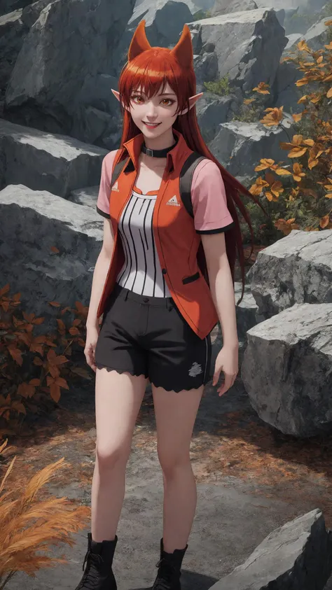 gothic background, BREAK, <lora:MairimashitaIrumaKun_AzazelAmeri:0.8>, professional photograph of  AzazelAmeri, light smile, closed mouth, happy, red hair, very long hair, hair horns, orange eyes, pointy ears, animal ears, AmeriCasual, black collar, collarbone, short sleeves, shorts, red vest, open clothes, pink shirt, BREAK, from the front, facing viewer, BREAK, cinematic composition, Unreal Engine 5, Hyper realism, Hyper detailed, Raytraced, Dynamic Lights and Shadows, Depth, Masterpiece, Award Winning, Intricate Detail, Design, 8k, UHD, Wide Angle Shot, BREAK, Hyper realistic, Volumetric Lighting, surreal lighting, Subsurface Scattering, Photorealistic, best quality, intricate details, tonemapping, sharp focus, hyper detailed, absurdres, highres, wide angle full body shot, BREAK, (((professional photograph))), vivid Colors, <lora:detailed_hands-000002:0.7>,