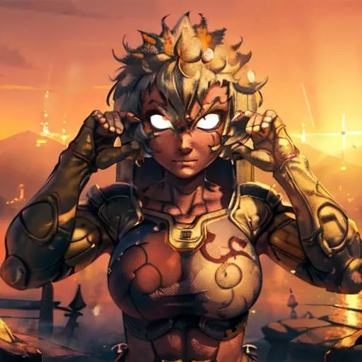 amaliayoung, <lora:amaliaWakfuCharacter_v10:0.8>, Beautiful Art Style, 1girl, young woman, looking at viewer, engaging, mountain, hands above her head, pharaoh costume, Xennos, asura, white hair, glowing eyes, no pupils, muscular, <lora:asuraAsurasWrath_v10:0.8>