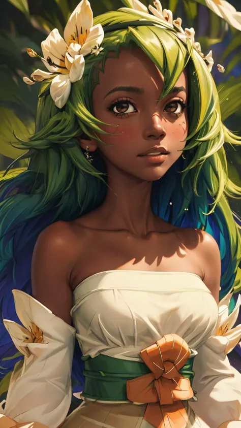 (best quality, masterpiece, colorful, dynamic angle, highest detailed)(amaliayoung),<lora:Amalia:1>,upper body photo,fashion photography of cute green long hair girl (amaliayoung),dark skin,bare shoulders,in dynamic pose,bokeh,(intricate details, hyperdetailed:1.15),detailed,sunlight passing through hair,monocromatic splash art background(high contrast, official art, extreme detailed, highest detailed),<lora:add_detail:0.5>,