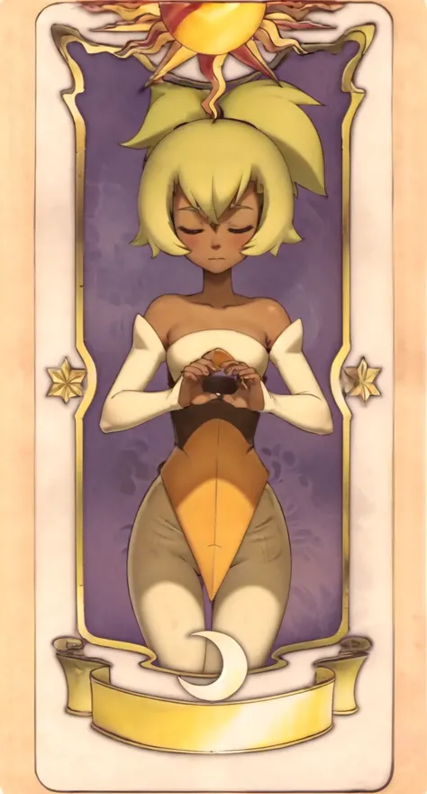 masterpiece, best quality, 1girl,amaliaold, bare shoulders, dark-skinned female, dark skin, detached sleeves, dark skin, dark-skinned female, closed eyes, card, solo, tarot, short hair <lora:clowCardCardcaptor_v2:0.8> <lora:amaliaWakfuCharacter_v10:0.95>