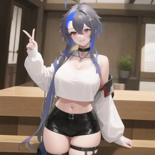 (masterpiece, best quality:1.2),illustration,8k,hd,absurdres,1girl,solo,cowboy shot,foch (rainbow rendezvous) (azur lane),high-waist shorts,grey hair,bag,hand on hip,smile,long hair,navel,multicolored hair,hair between eyes,bangs,bare shoulders,purple hair,looking at viewer,large breasts,thigh strap,midriff,red eyes,long sleeves,sidelocks,crop top,choker,ahoge,two-tone hair,off-shoulder shirt,white shirt,streaked hair,<lora:Foch(azur)>,