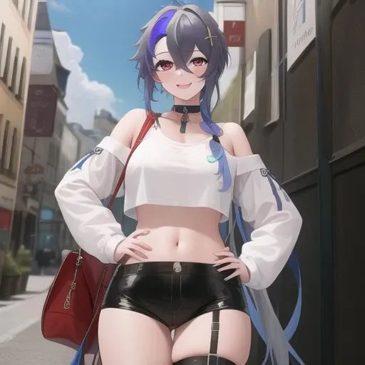 (masterpiece, best quality:1.2),illustration,8k,hd,absurdres,1girl,solo,cowboy shot,foch (rainbow rendezvous) (azur lane),high-waist shorts,grey hair,bag,hand on hip,smile,long hair,navel,multicolored hair,hair between eyes,bangs,bare shoulders,purple hair,looking at viewer,large breasts,thigh strap,midriff,red eyes,long sleeves,sidelocks,crop top,choker,ahoge,two-tone hair,off-shoulder shirt,white shirt,streaked hair,<lora:Foch(azur)>,