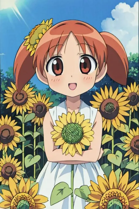 masterpiece, best quality, highres,1girl, <lora:Chiyo:0.7>sunflower garden,chiyo,(petite,chibi),high twintail, happy,manga,comic,cute pose,dynamic angle,<lora:GoodHands-vanilla:0.8>, <lora:anmnr01:0.3>, <lora:add_detail:0.5>,(hold a sunflower bouquet)