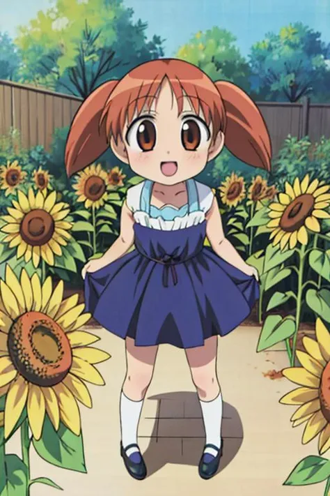 masterpiece, best quality, highres,1girl, <lora:Chiyo:0.7>sunflower garden,chiyo,(petite,chibi),high twintail, happy,manga,comic,cute pose,dynamic angle,<lora:GoodHands-vanilla:0.8>, <lora:anmnr01:0.3>, <lora:add_detail:0.5>,(have a stuffed cat)