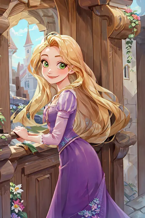 ((RapunzelWaifu)), dress, blonde 1girl, solo, smile, dynamic angle, masterpiece, best quality, <lora:Rapunzel_character:0.8>, (detailed ladscape, castle, big door, bricks, flowers:1.2), colorful,