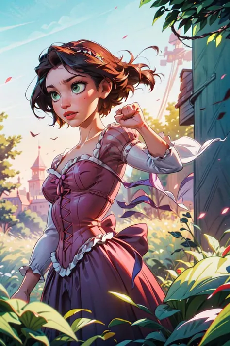 (RapunzelWaifu:1), tangled, (Purple dress:1), (short hair, brown hair, green eyes:1), ((green eyes)), (purple dress:1), short hair, messy hair, (long princess dress), cartoony facial features, large round eyes, brown hair, (realistic:1.2), (masterpiece:1.2), (full-body-shot:1),(Cowboy-shot:1.2), light particles, magical forest background, neon lighting, dark romantic lighting, (highly detailed:1.2),(detailed face:1.2), (gradients), colorful, detailed eyes, (one person), (detailed landscape:1.2), (natural lighting:1.2),(detailed background),detailed landscape, (dynamic pose:1.2), wide shot, solo, <lora:RapunzelShortHair_Character-10:0.8> <lora:add_detail:0.3> <lora:hipoly3DModelLora_v10:0.05> <lora:RSERomantic_RSESofiko_RSEEmma-v1:0.1>