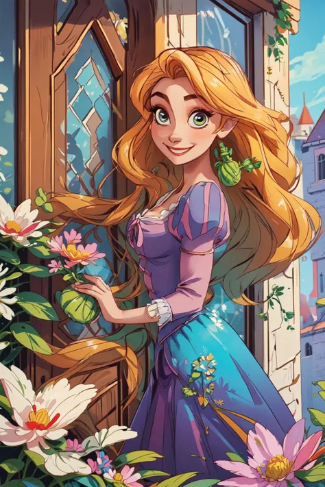 ((RapunzelWaifu)), dress, blonde 1girl, solo, smile, dynamic angle, masterpiece, best quality, <lora:Rapunzel_character:0.8>, (detailed ladscape, castle, big door, bricks, flowers:1.2), colorful,