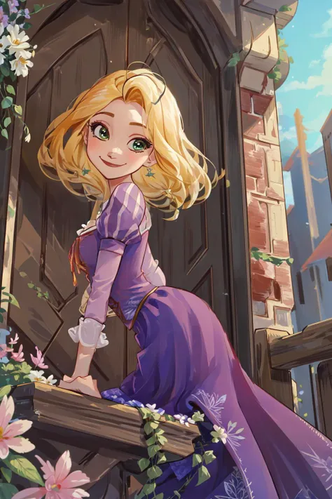 ((RapunzelWaifu)), dress, blonde 1girl, solo, smile, dynamic angle, masterpiece, best quality, <lora:Rapunzel_character:0.8>, (detailed ladscape, castle, big door, bricks, flowers:1.2), colorful,