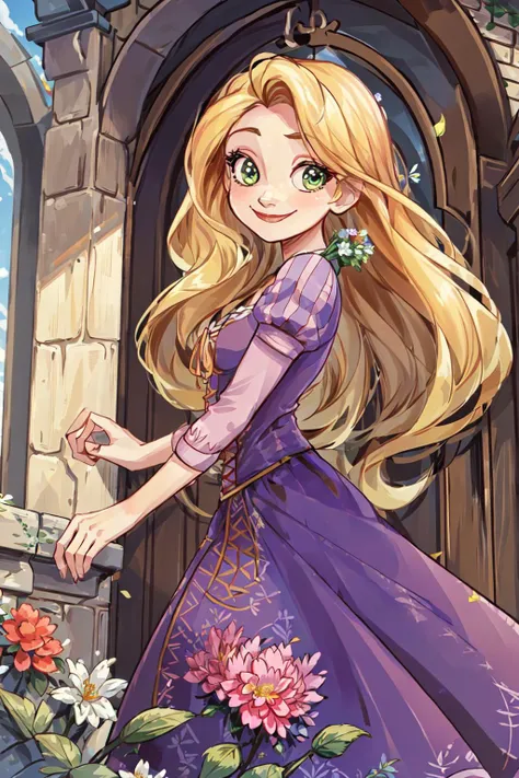 ((RapunzelWaifu)), dress, blonde 1girl, solo, smile, dynamic angle, masterpiece, best quality, <lora:Rapunzel_character:0.8>, (detailed ladscape, castle, big door, bricks, flowers:1.2), colorful,