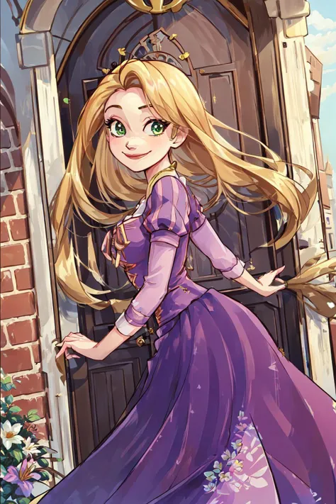 ((RapunzelWaifu)), dress, blonde 1girl, solo, smile, dynamic angle, masterpiece, best quality, <lora:Rapunzel_character:0.8>, (detailed ladscape, castle, big door, bricks, flowers:1.2), colorful,