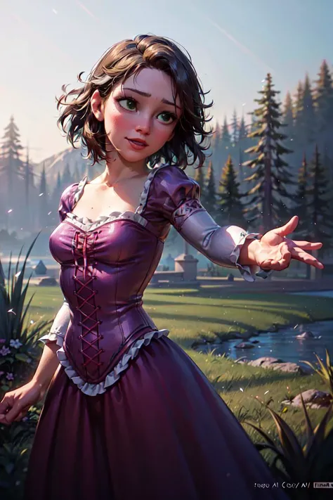 (RapunzelWaifu:1), tangled, (Purple dress:1), (short hair, brown hair, green eyes:1), ((green eyes)), (purple dress:1), short hair, messy hair, (long princess dress), cartoony facial features, large round eyes, brown hair, (realistic:1.2), (masterpiece:1.2), (full-body-shot:1),(Cowboy-shot:1.2), light particles, magical forest background, neon lighting, dark romantic lighting, (highly detailed:1.2),(detailed face:1.2), (gradients), colorful, detailed eyes, (one person), (detailed landscape:1.2), (natural lighting:1.2),(detailed background),detailed landscape, (dynamic pose:1.2), wide shot, solo, <lora:RapunzelShortHair_Character-10:0.8> <lora:add_detail:0.3> <lora:hipoly3DModelLora_v10:0.05> <lora:RSERomantic_RSESofiko_RSEEmma-v1:0.1>