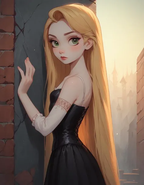 score_9, score_8_up, score_7_up, p3tr4, 1girl, solo, standing on broken concrete, young Goth girl Rapunzel, RapunzelWaifu, young Goth, pale skin, white skin, green eyes, long hair, blond hair, floating hair, tattoos, black dress, black leather corset, petite body, in front of a graffitied wall, outdoors, dynamic, masterpiece, best quality, transparent, soft lighting, dynamic lighting, (front light:1.5), zPDXL