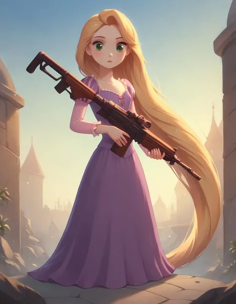 score_9, score_8_up, score_7_up, p3tr4, 1girl, solo, holding an Assault Rifle, Assault Rifle, standing on broken concrete, young Rapunzel, RapunzelWaifu, pale skin, white skin, green eyes, long hair, blond hair, floating hair, purple dress, puffy sleeves, petite body, ruined city, outdoors, dynamic, masterpiece, best quality, transparent, soft lighting, dynamic lighting, (front light:1.5), zPDXL