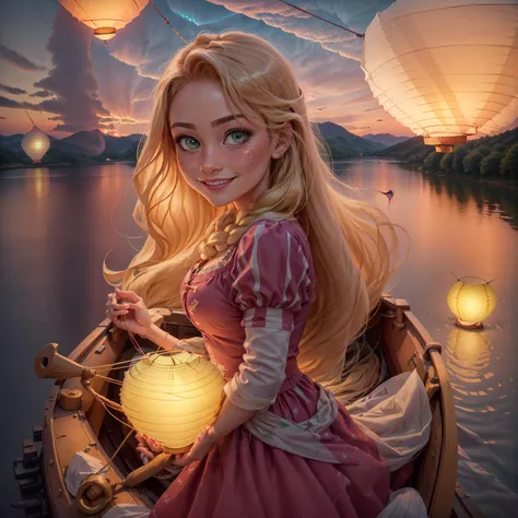 masterpiece, perfect lighting, night, dusk, cinematic lighting, adult, female, looking at viewer, green eyes, smile, :), freckles, blush, solo, (RSEEmma:1.5), <lora:RSERomantic_RSESofiko_RSEEmma-v1:0.3>, <lora:Rapunzel_characterV2:0.45>, (RapunzelWaifu:1.2), pink dress, blonde, very long hair, (lake:1.35), in rowboat, night, (multiple flying sky paper lantern:1.48), horizon, hills, (sunset:1.1),