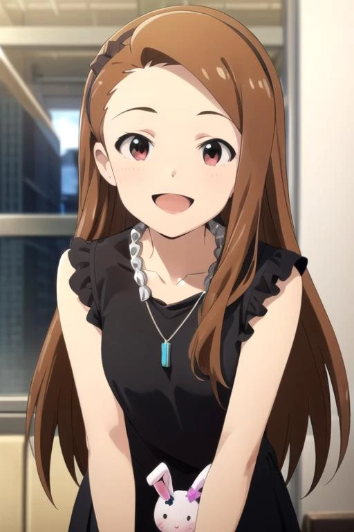 (((pixel-perfect, detail-perfect))), solo, 1girl, <lora:iori-idolmaster:0.8>, iori minase, black shirt, necklace, stuffed bunny, looking at viewer, smile, :d